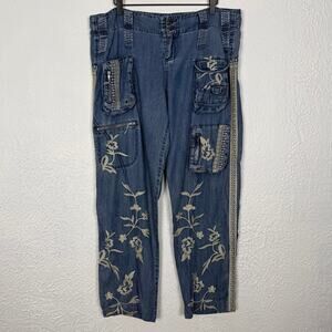 Johnny Was Floral Embroidered Cargo Pants Denim Chambray Size 10